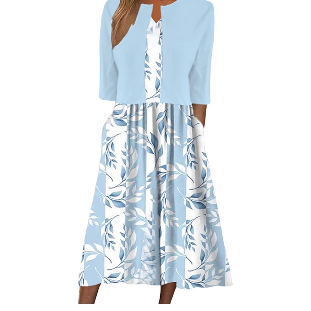 Blue and White Leaf Print Dress with Jacket